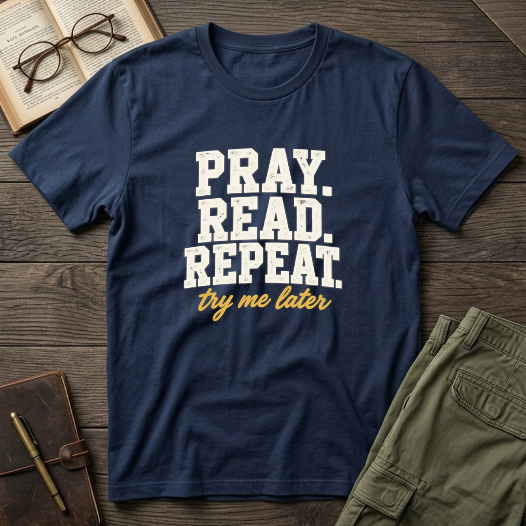 Pray. Read. Repeat. Try Me Later. Christian Bible study t-shirt in Navy