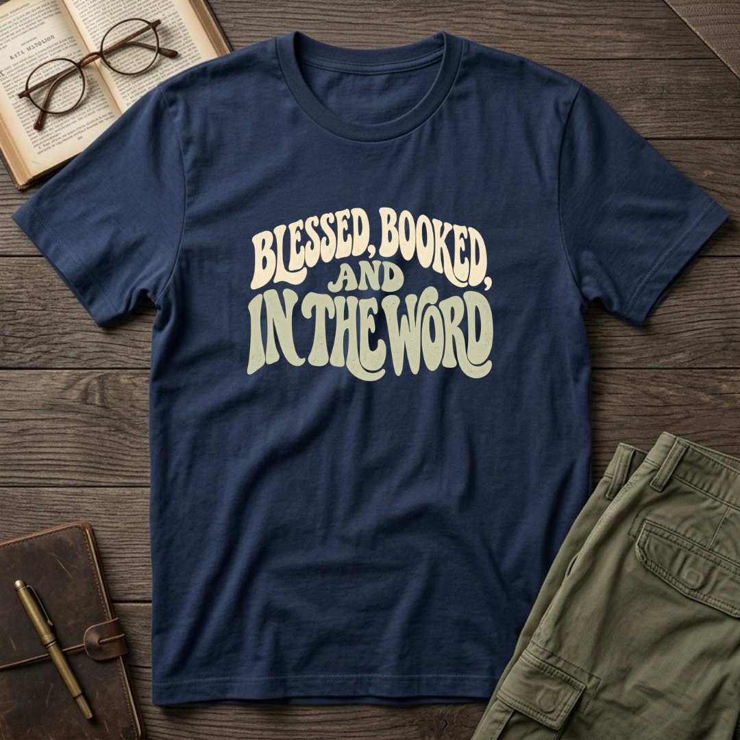 Blessed, Booked and in the Word Christian Bible study t-shirt in Navy
