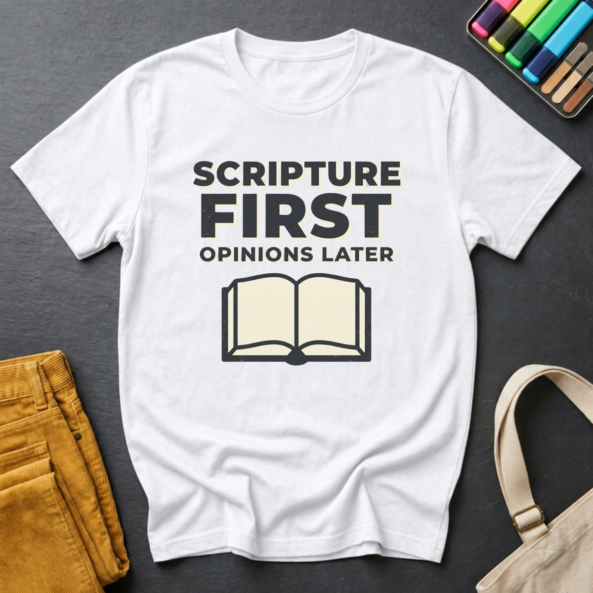 Scripture First, Opinions Later tee in White