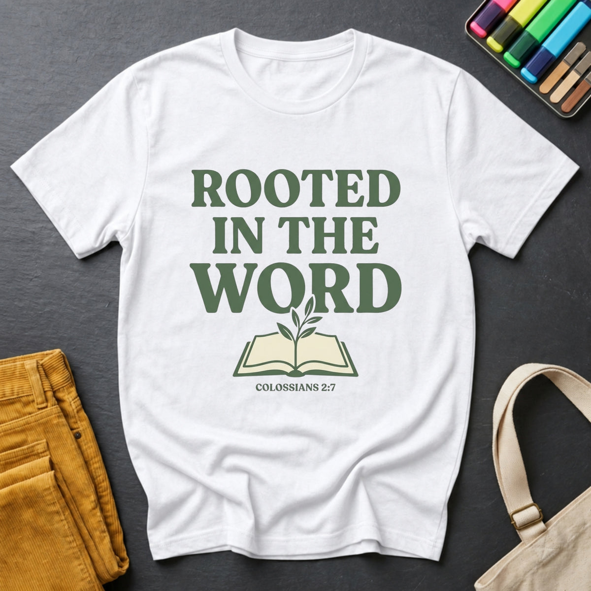 Rooted in the Word: Colossians 2:7 tee in White