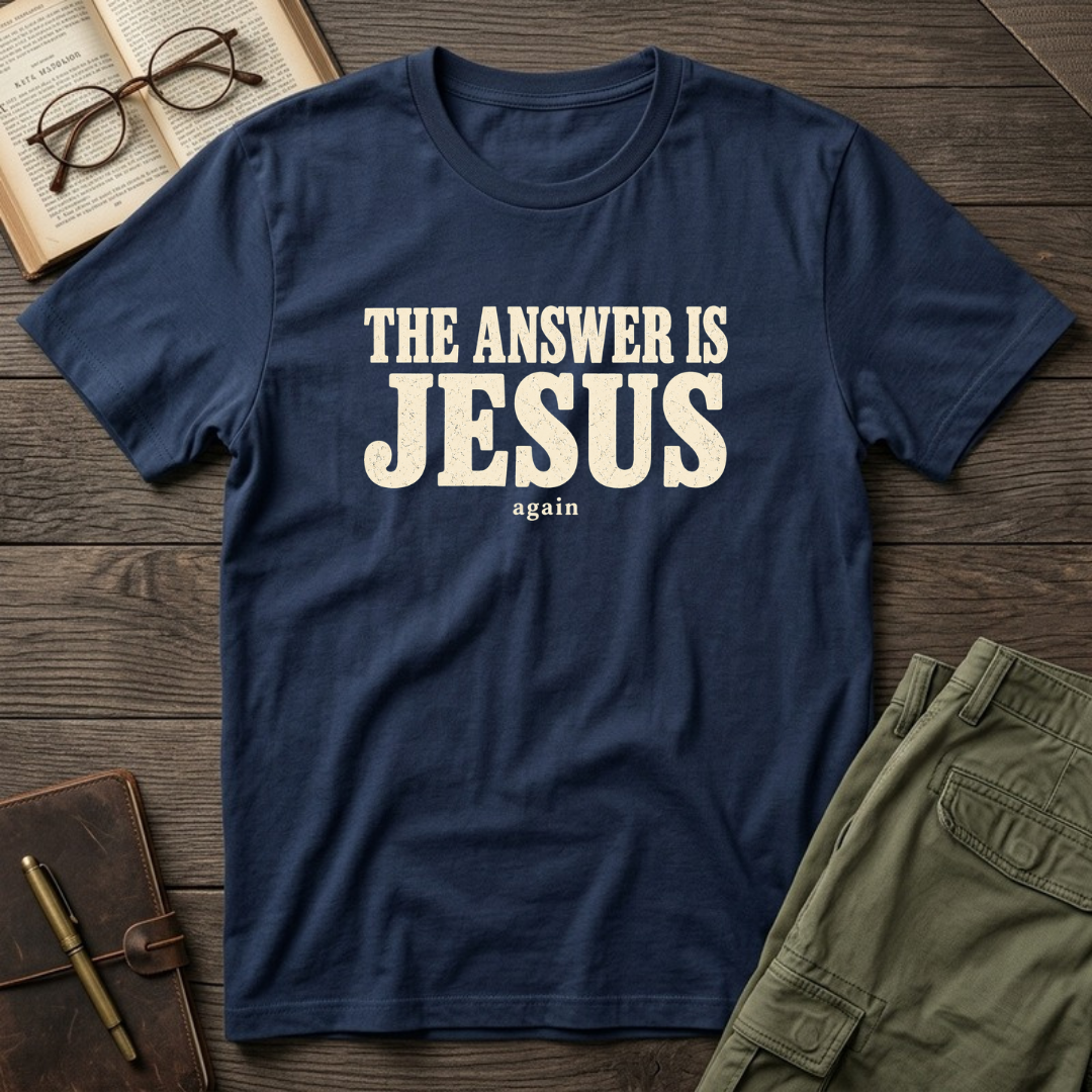The Answer Is Jesus Again Christian Bible study t-shirt in Navy