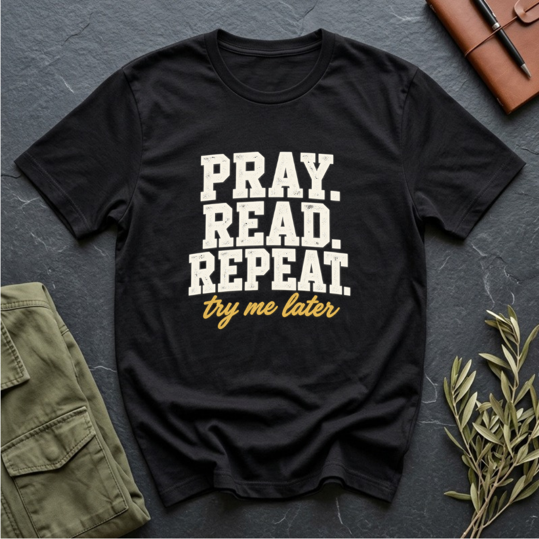Pray. Read. Repeat. Try Me Later. Christian Bible study t-shirt in Black