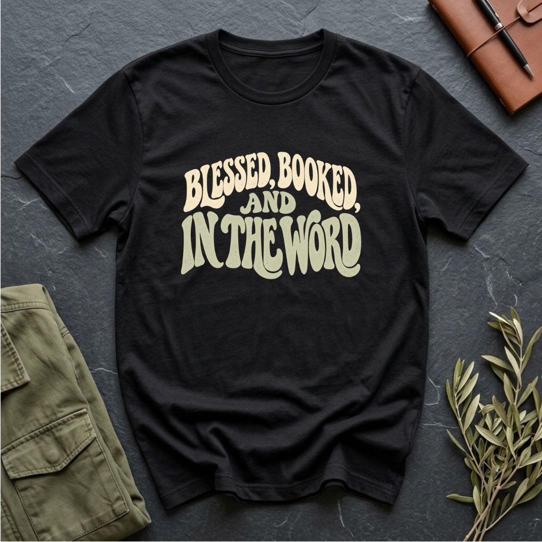 Blessed, Booked and in the Word Christian Bible study t-shirt in Black