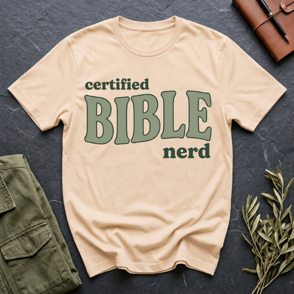 Certified Bible Nerd tee in Natural