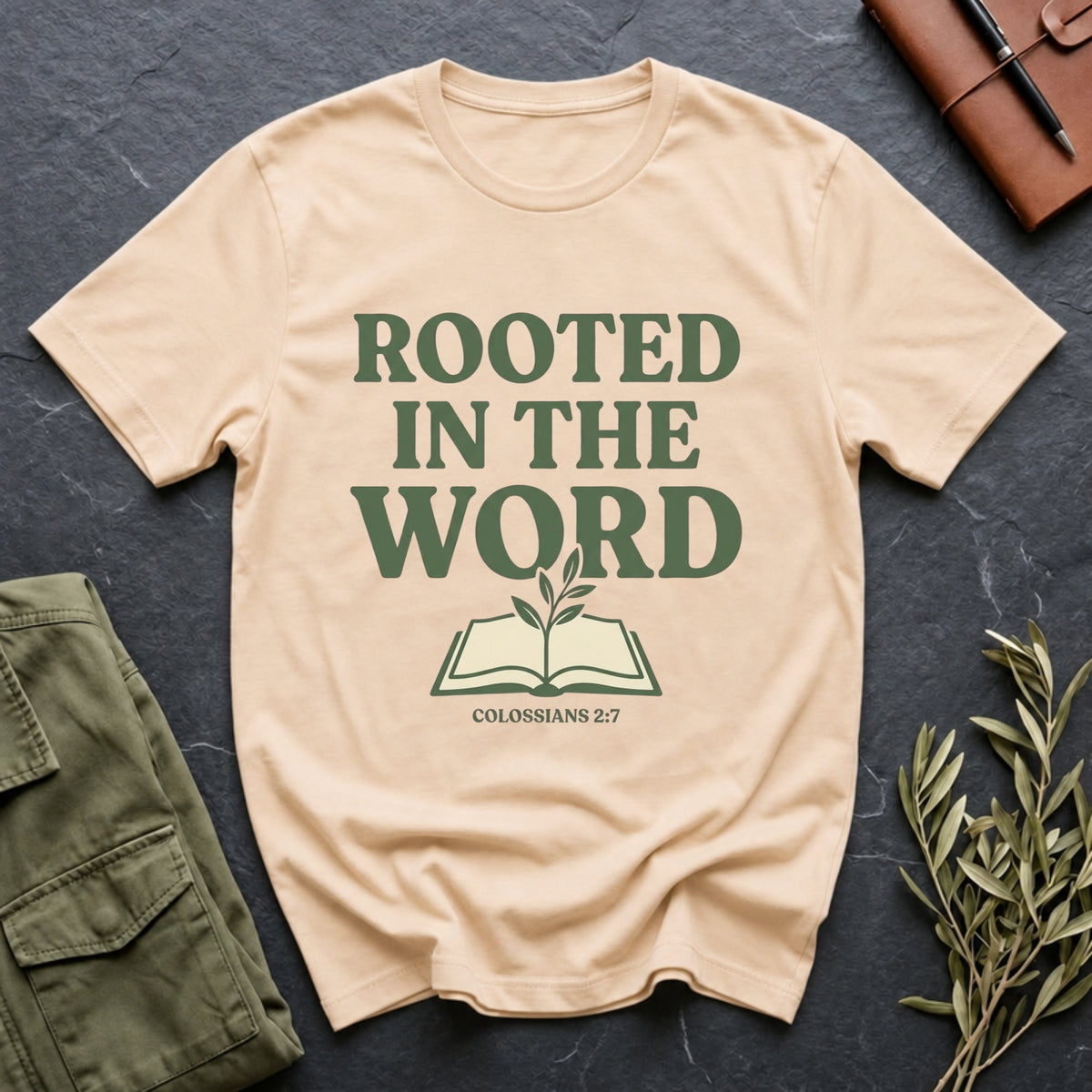 Rooted in the Word: Colossians 2:7 tee in Natural
