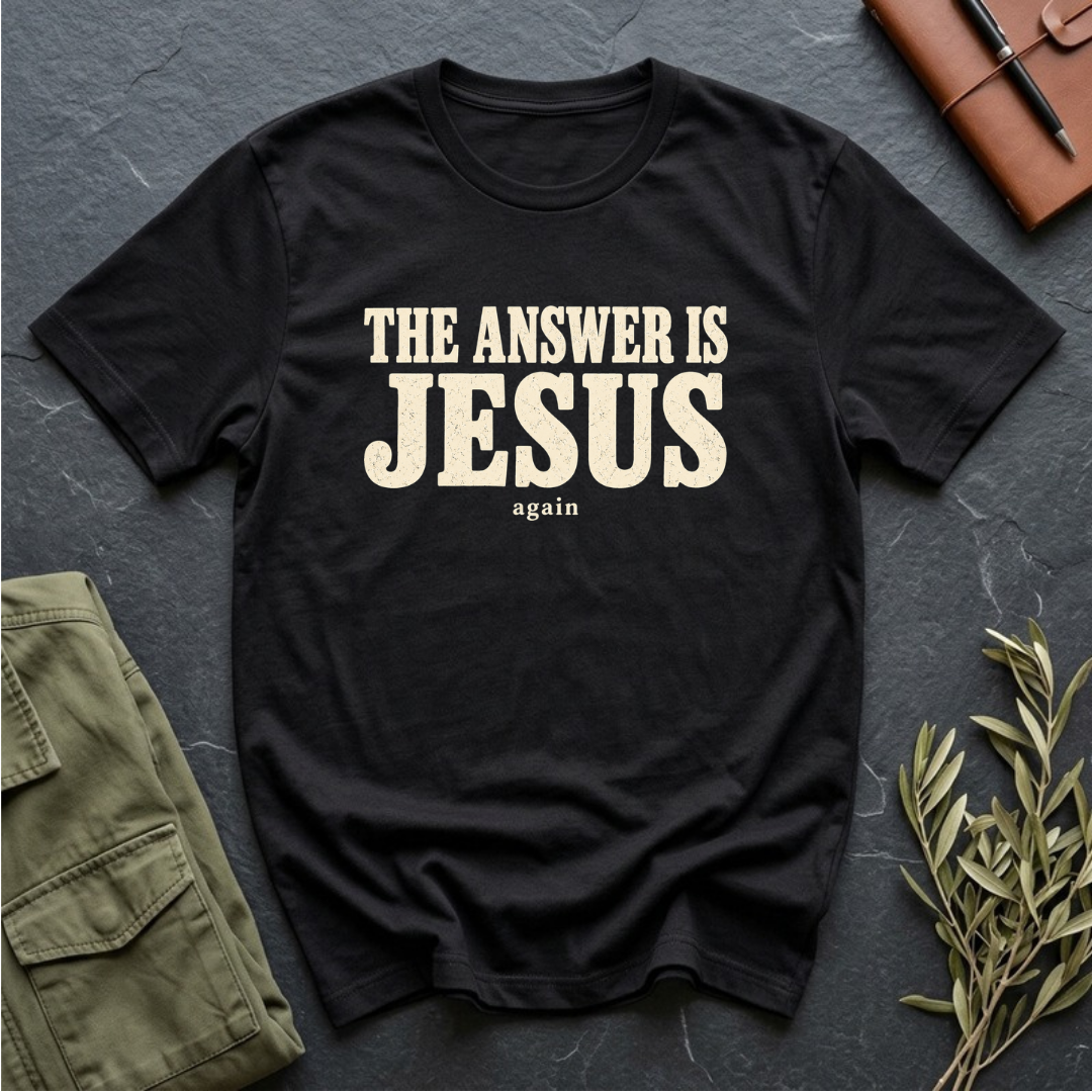 The Answer Is Jesus Again Christian Bible study t-shirt in Black