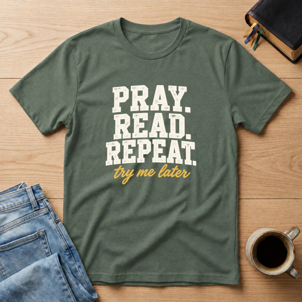 Pray. Read. Repeat. Try Me Later. Christian Bible study t-shirt in Military Green