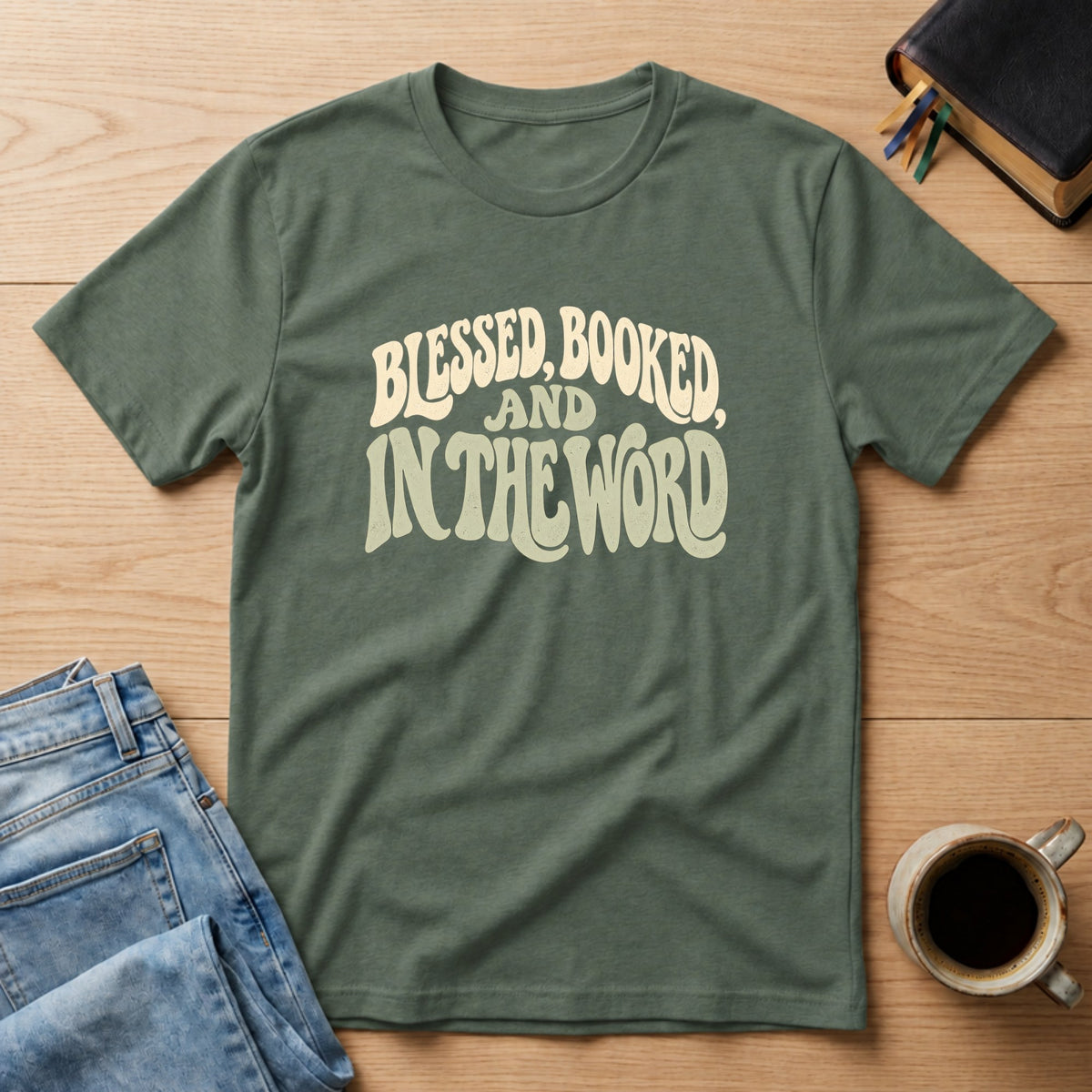 Blessed, Booked and in the Word Christian Bible study t-shirt in Military Green