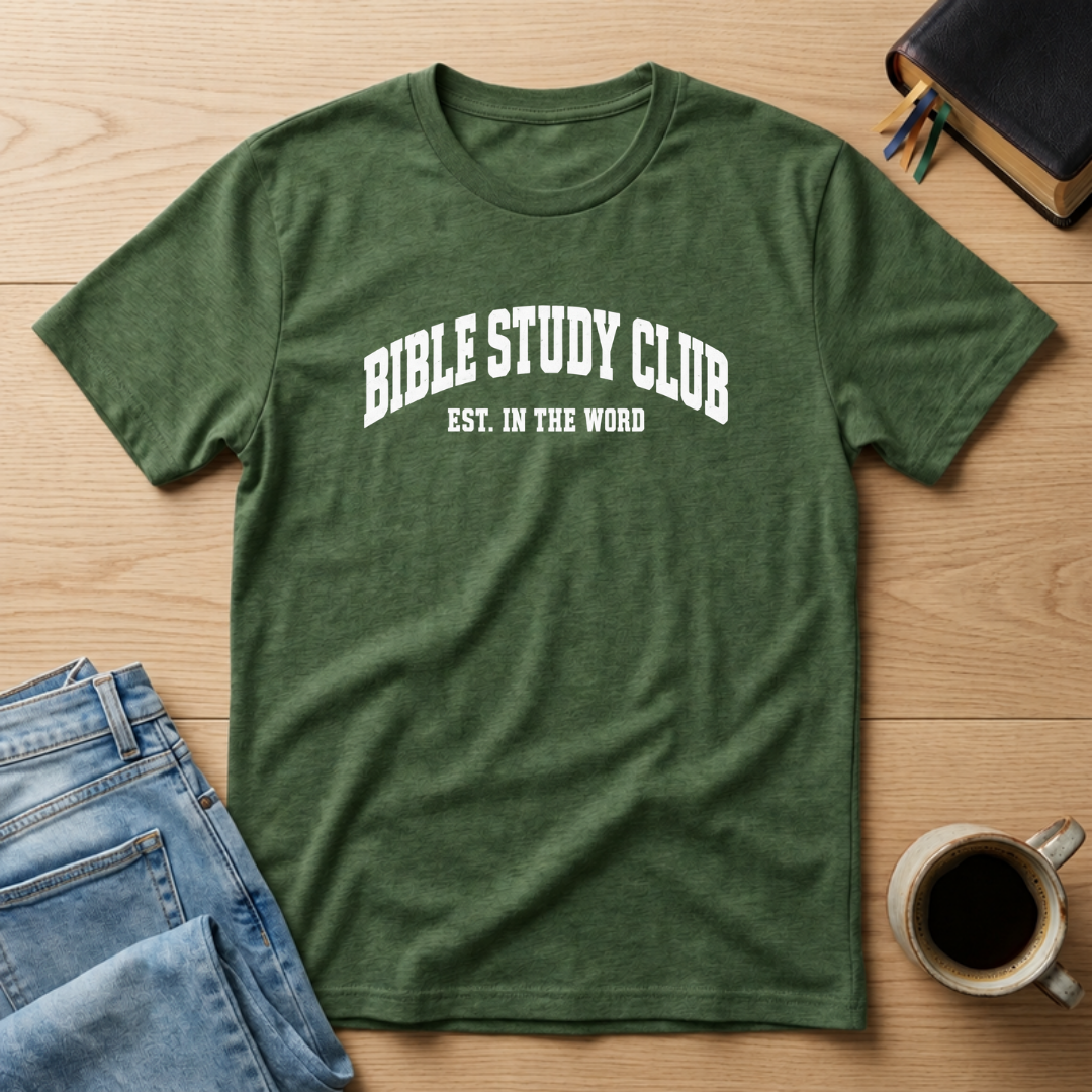 Bible Study Club, Est. in the Word Christian Bible study t-shirt in Military Green
