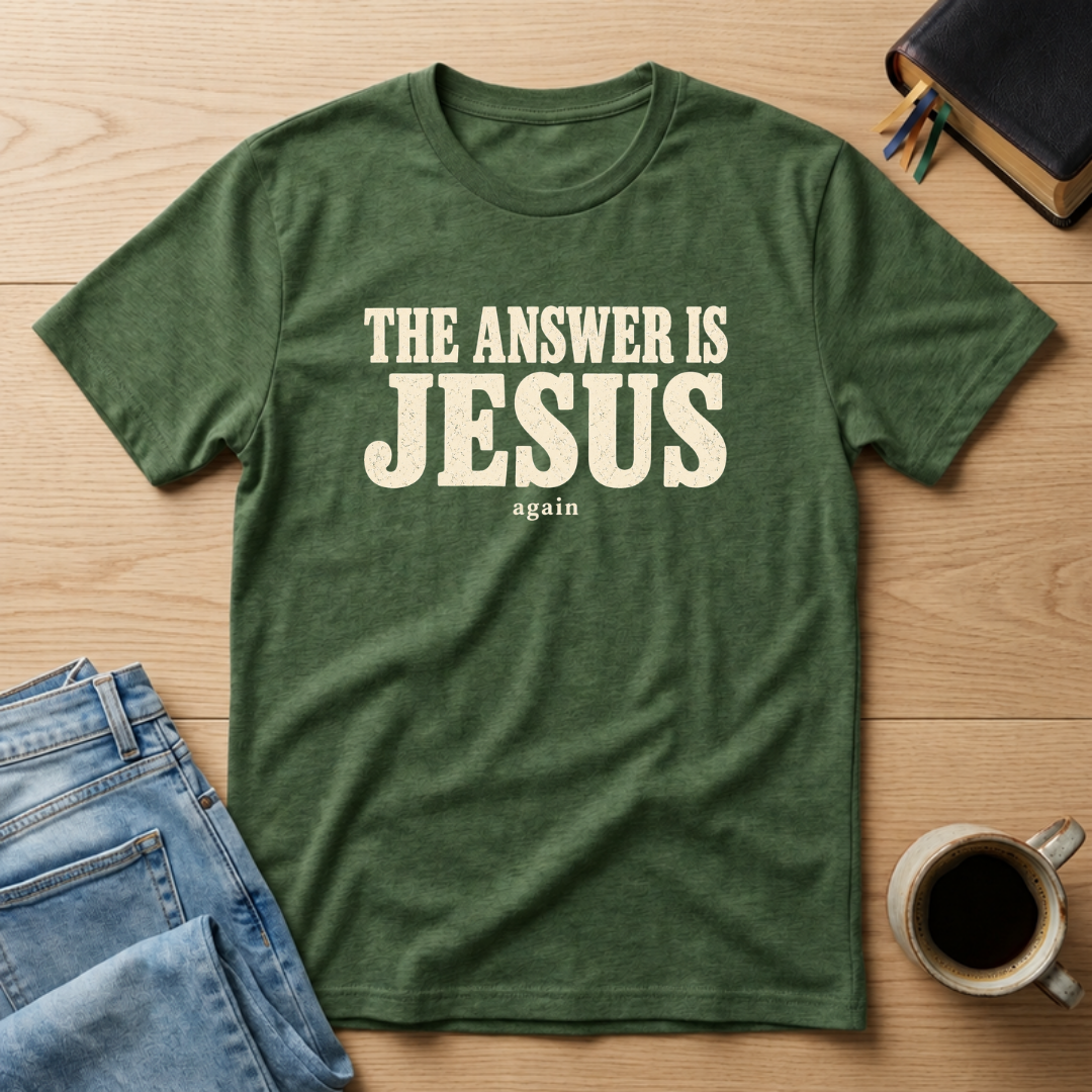 The Answer Is Jesus Again Christian Bible study t-shirt in Military Green