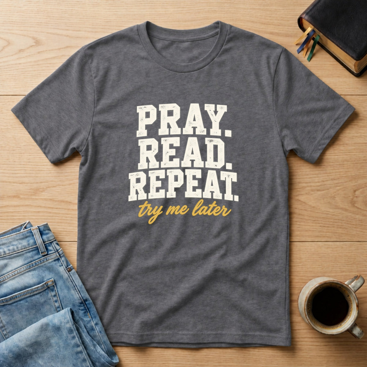 Pray. Read. Repeat. Try Me Later. Christian Bible study t-shirt in Charcoal