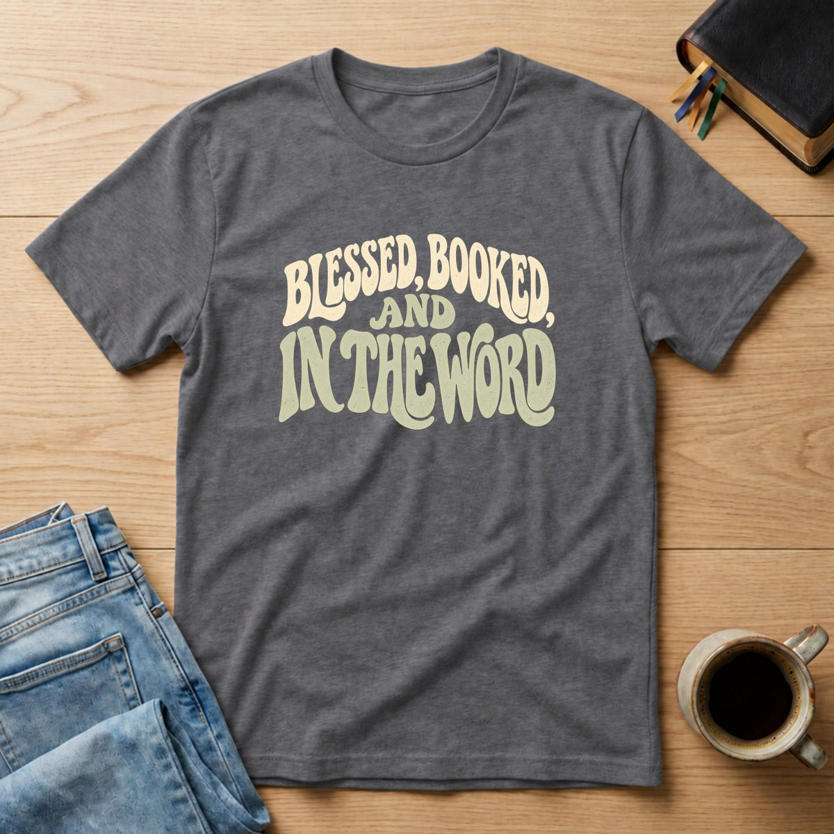 Blessed, Booked and in the Word Christian Bible study t-shirt in Charcoal
