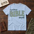 Certified Bible Nerd tee in Light Blue