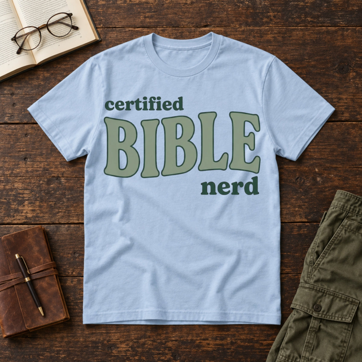 Certified Bible Nerd tee in Light Blue