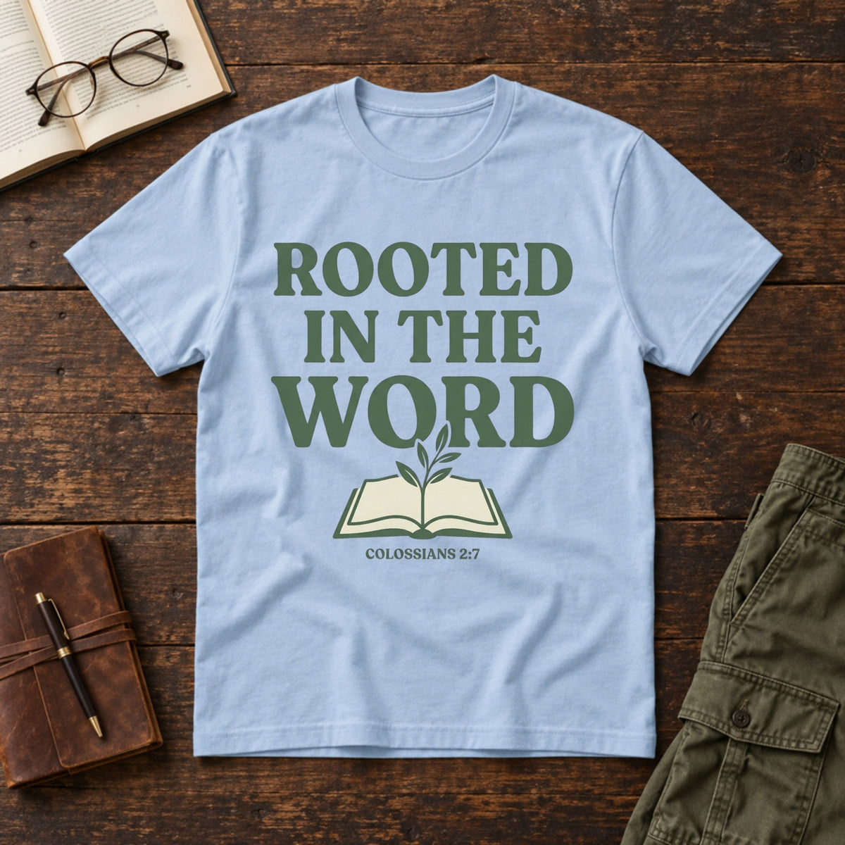 Rooted in the Word: Colossians 2:7 tee in Light Blue