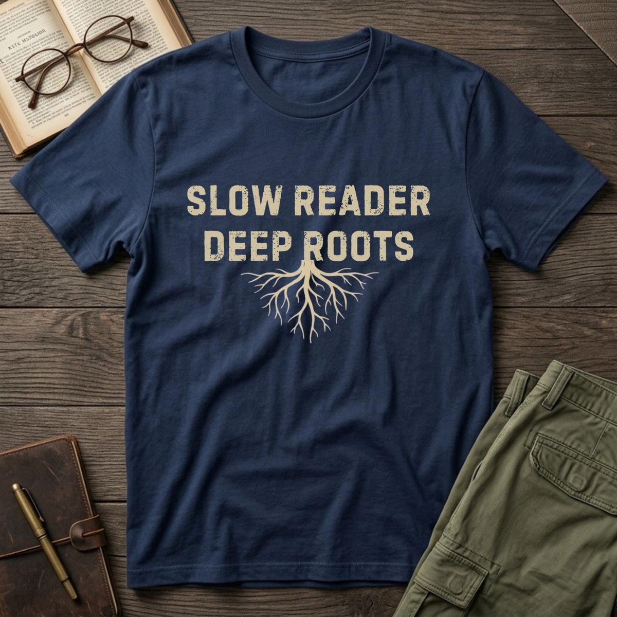 Slow Reader, Deep Roots tee in Navy