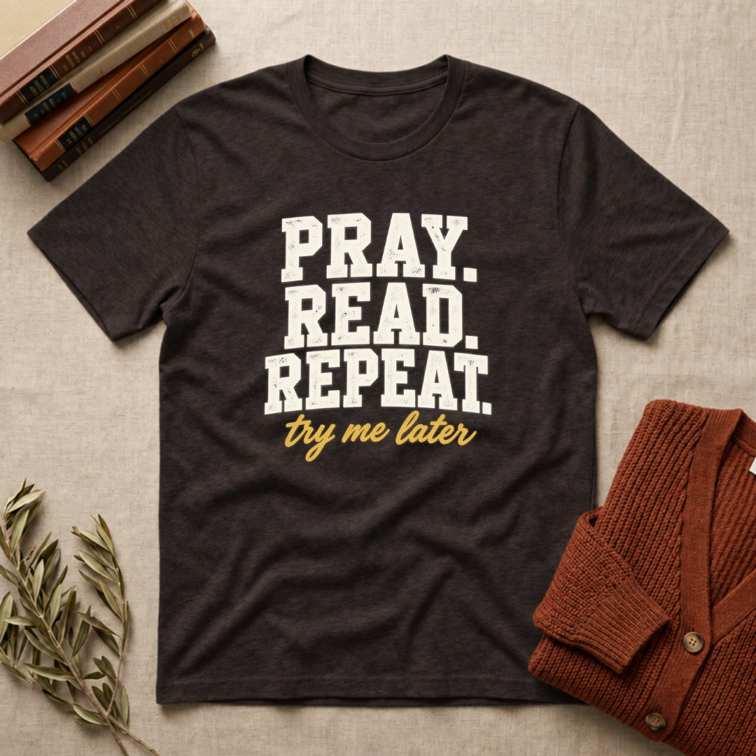Pray. Read. Repeat. Try Me Later. Christian Bible study t-shirt in Dark Chocolate