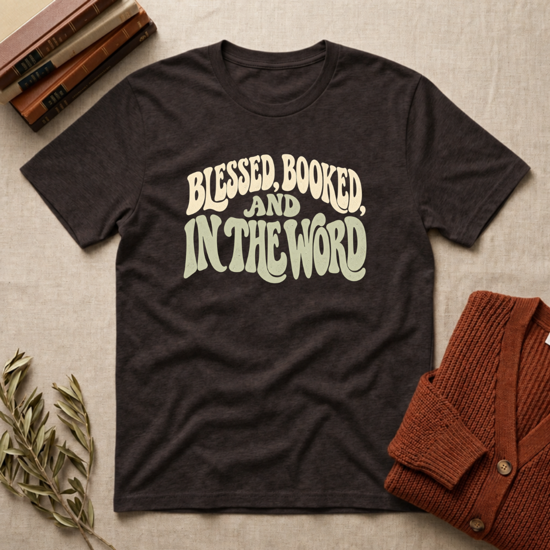 Blessed, Booked and in the Word Christian Bible study t-shirt in Dark Chocolate