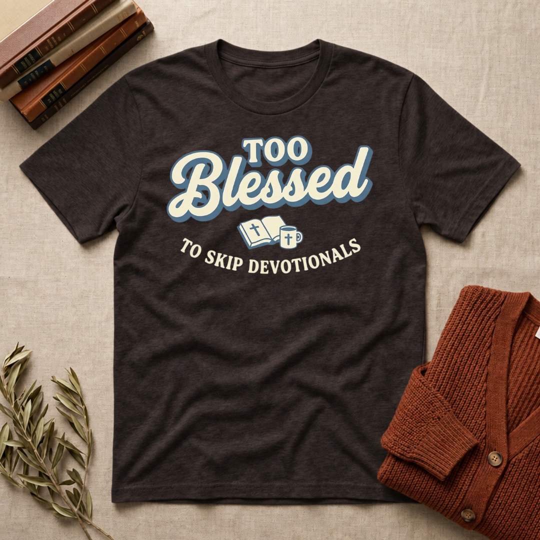 Too Blessed to Skip Devotionals Christian Bible study t-shirt in Dark Chocolate