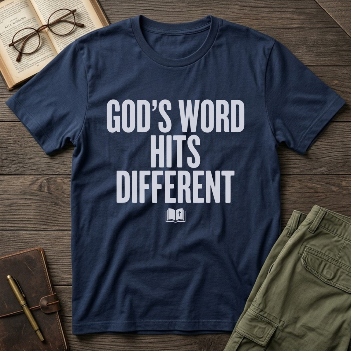 God's Word Hits Different tee in Navy