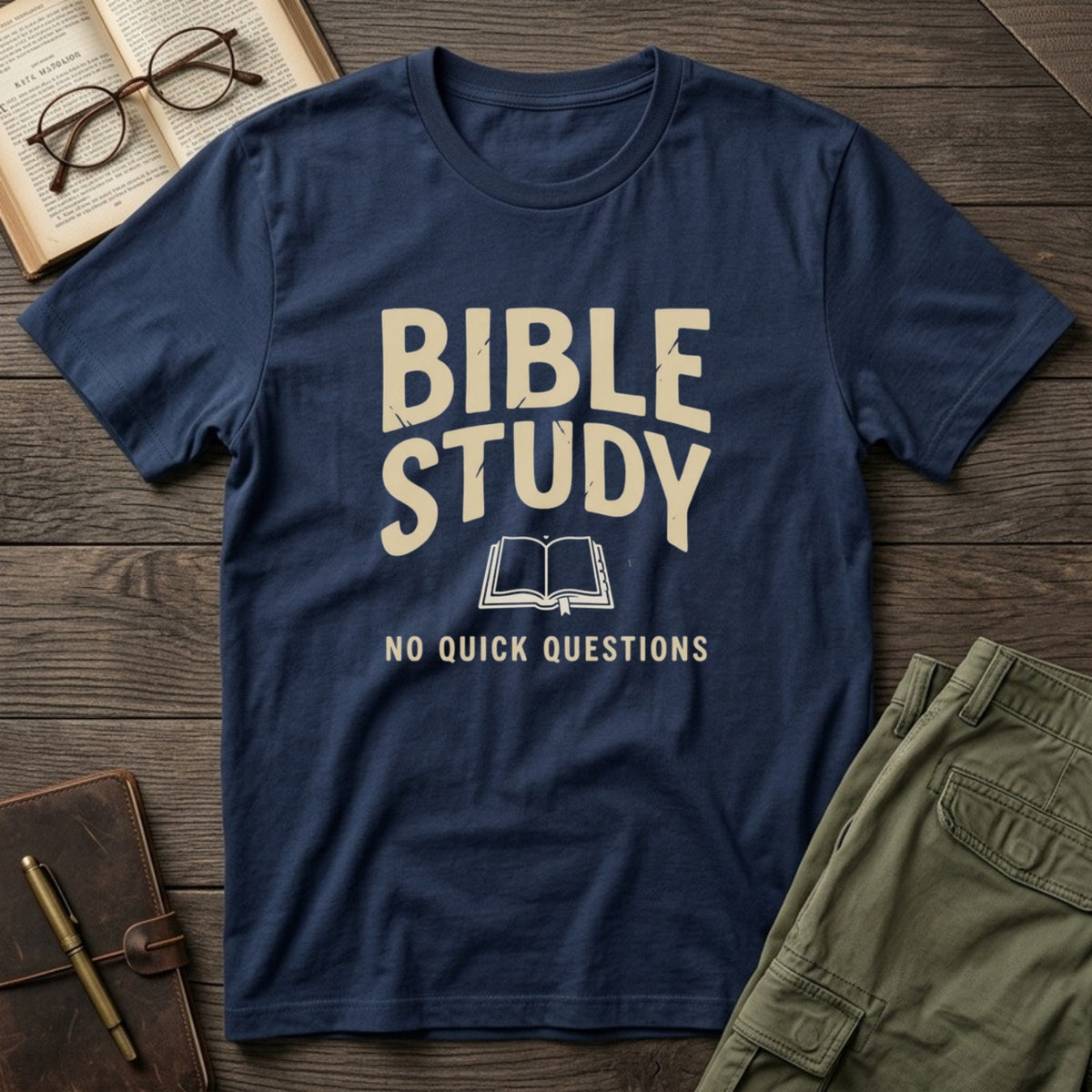 Bible Study: No Quick Questions tee in Navy