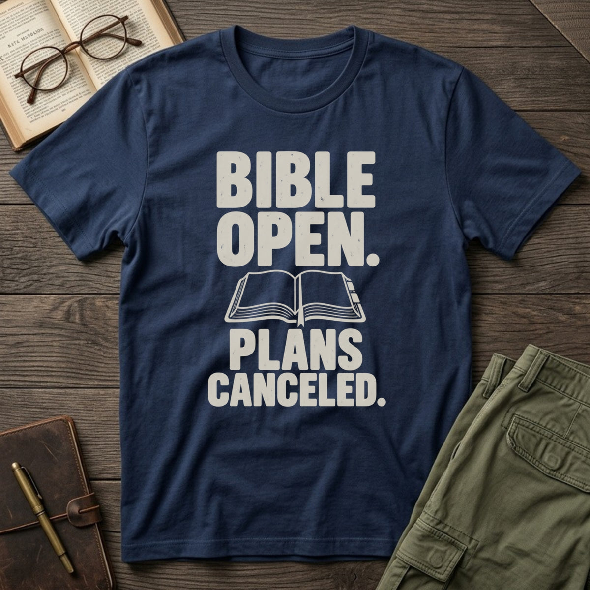 Bible Open, Plans Cancelled tee in Navy