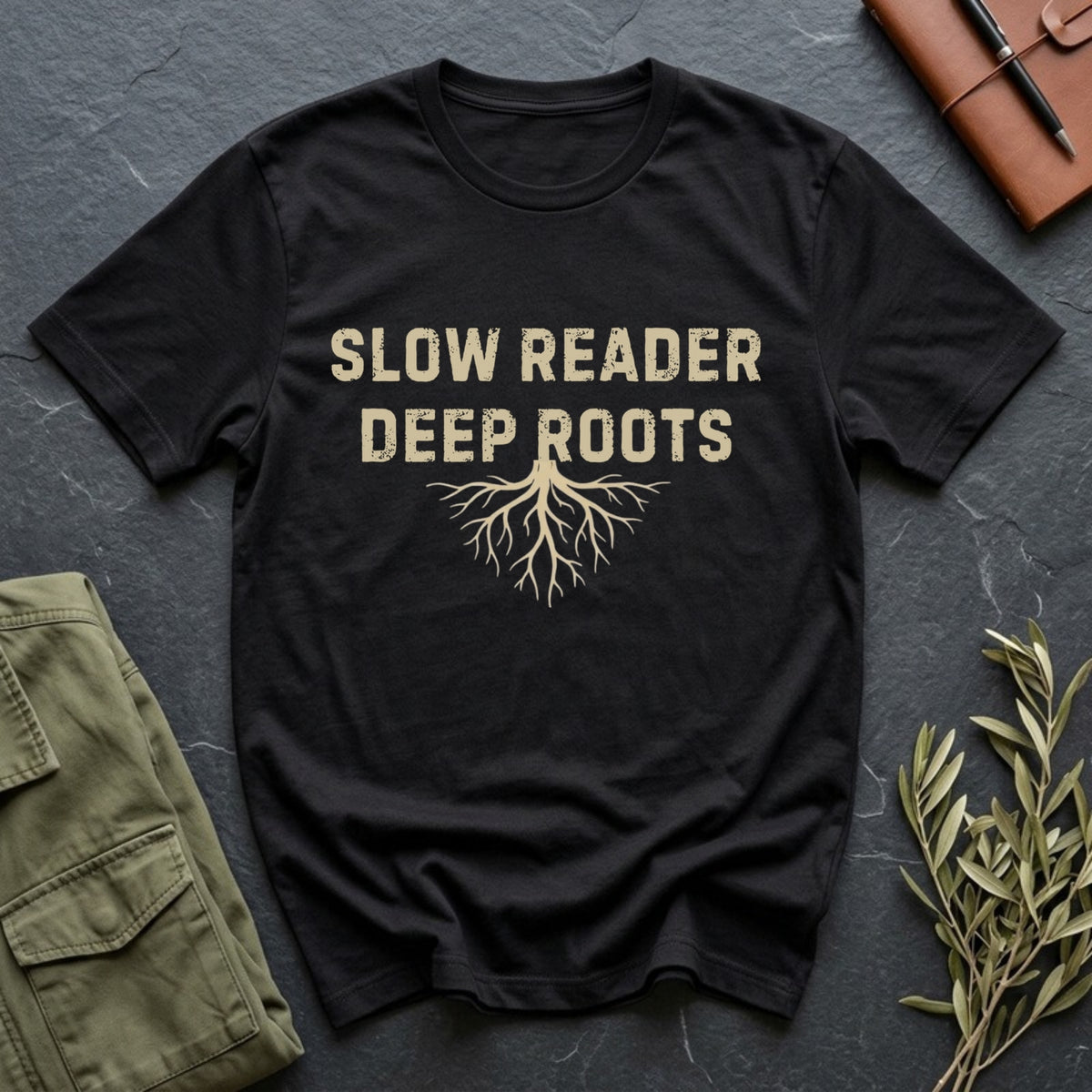 Slow Reader, Deep Roots tee in Black