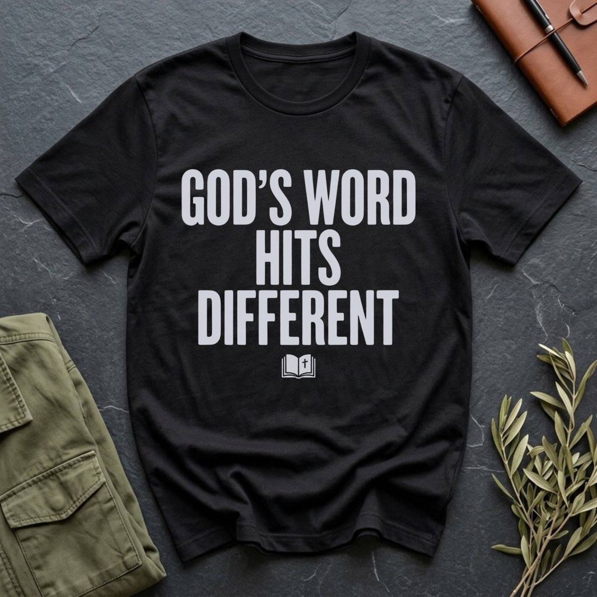 God's Word Hits Different tee in Black