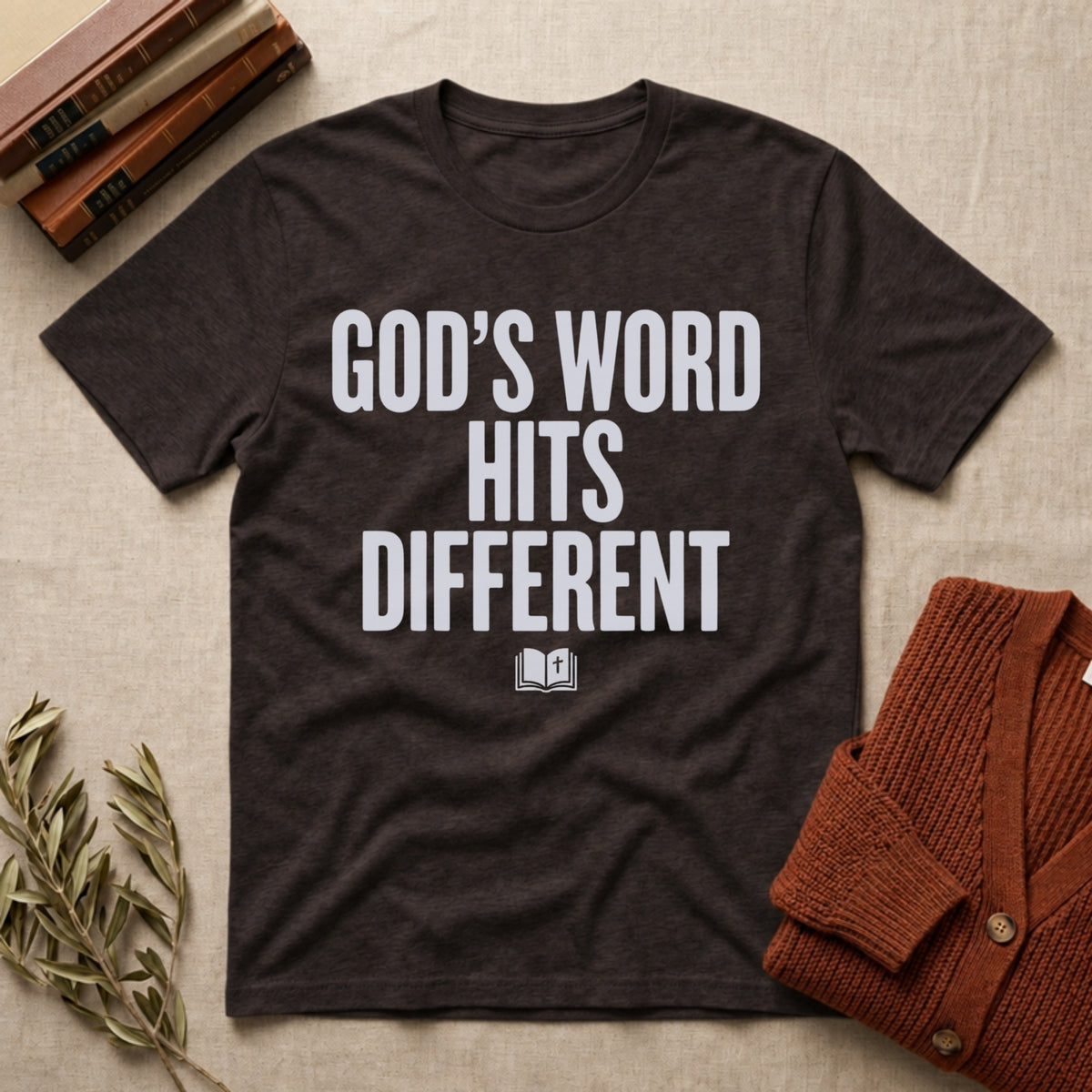 God's Word Hits Different tee in Dark Chocolate