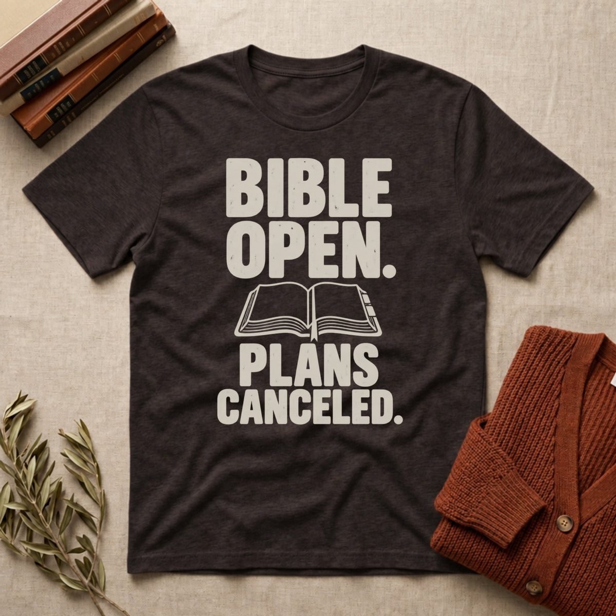 Bible Open, Plans Cancelled tee in Dark Chocolate