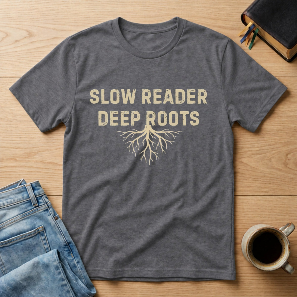 Slow Reader, Deep Roots tee in Charcoal