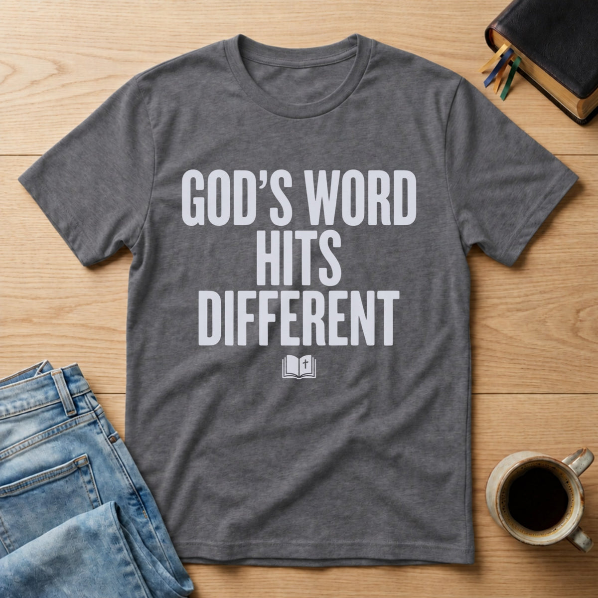 God's Word Hits Different tee in Charcoal