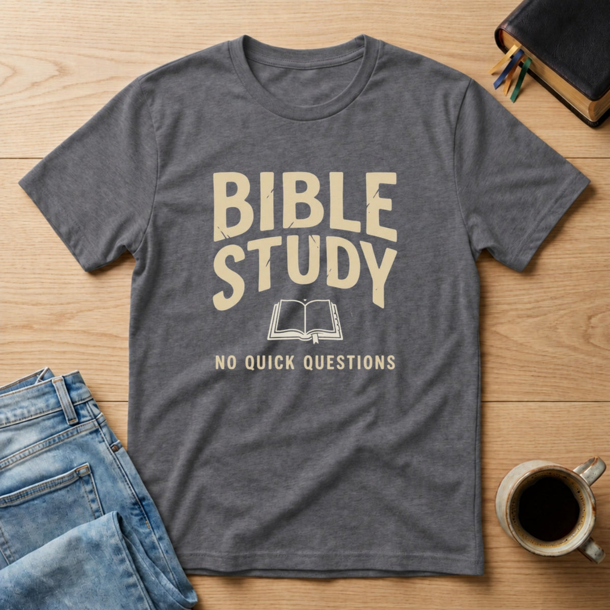 Bible Study: No Quick Questions tee in Charcoal