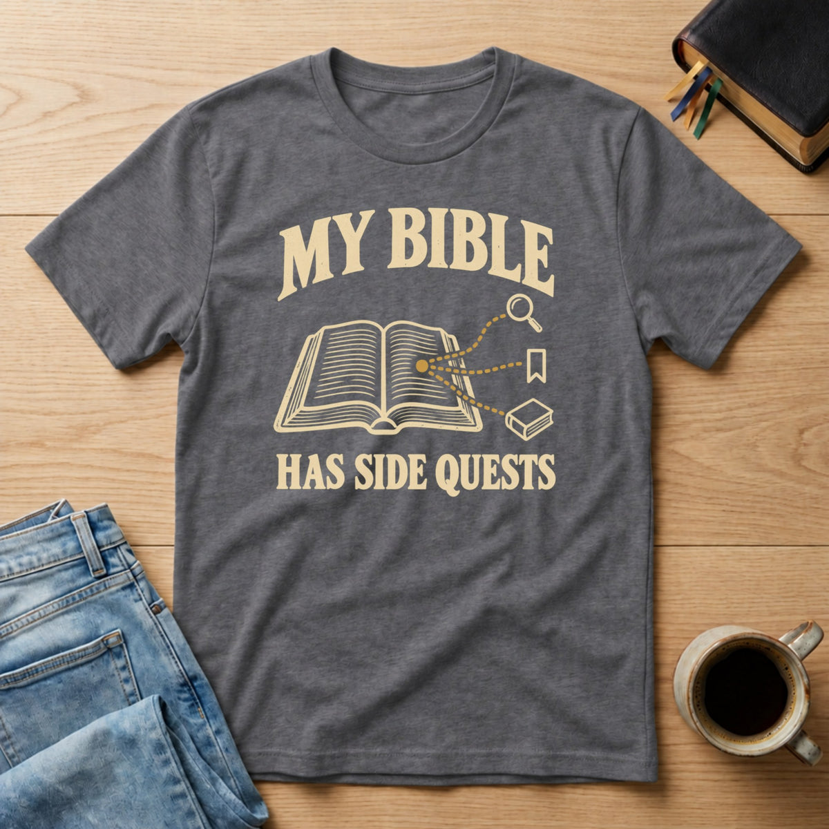 My Bible Has Side Quests tee in Charcoal