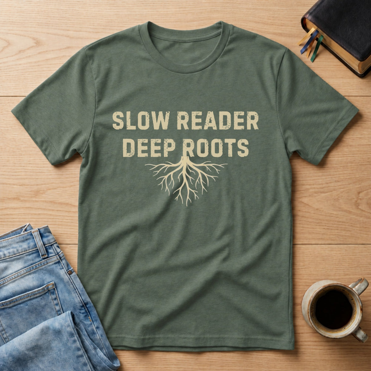 Slow Reader, Deep Roots tee in Military Green