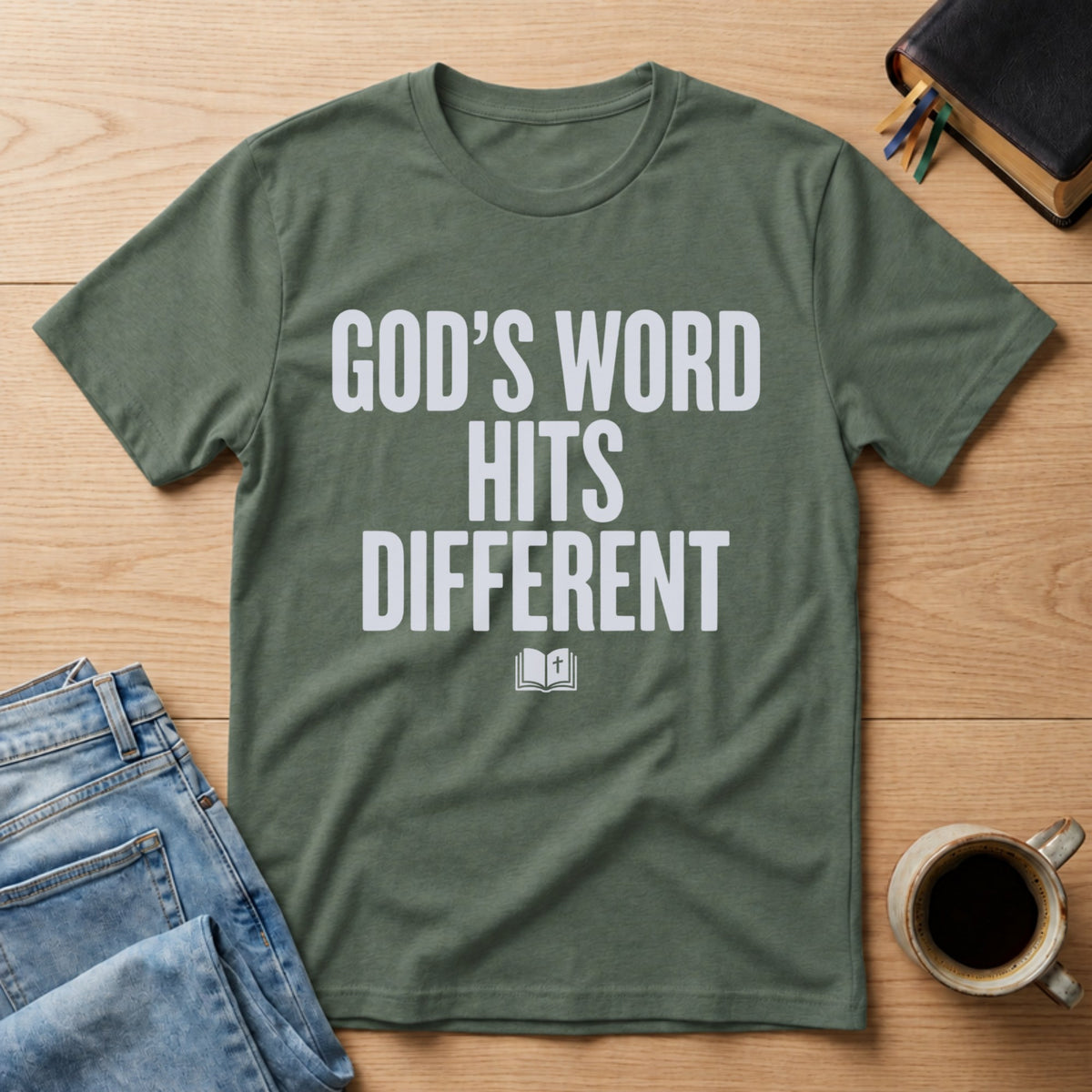 God's Word Hits Different tee in Military Green