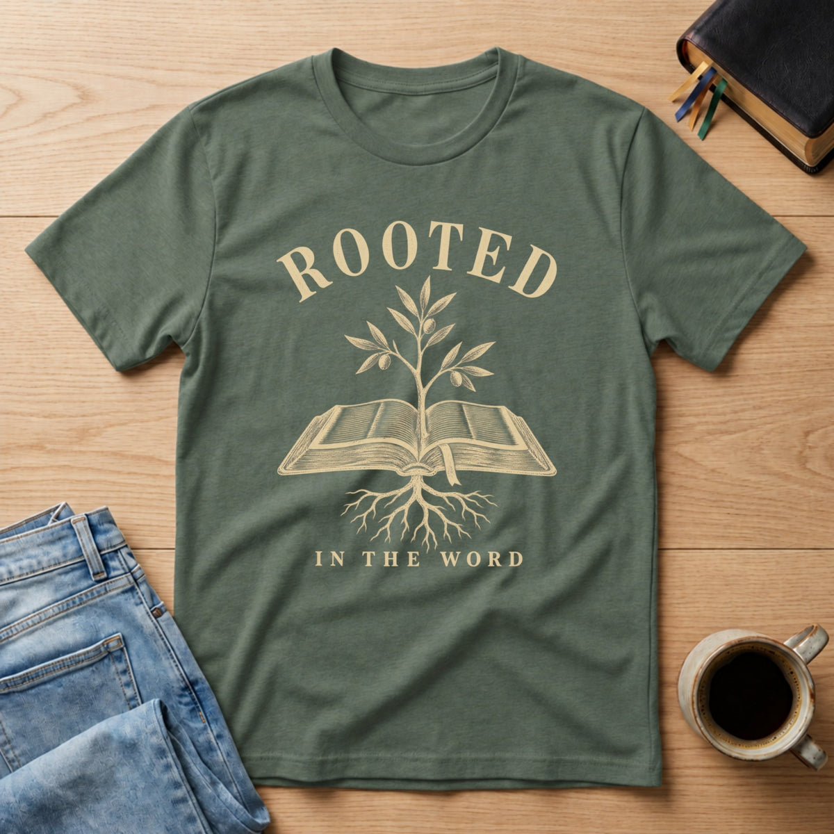 Rooted in the Word: Psalm 1 tee in Military Green