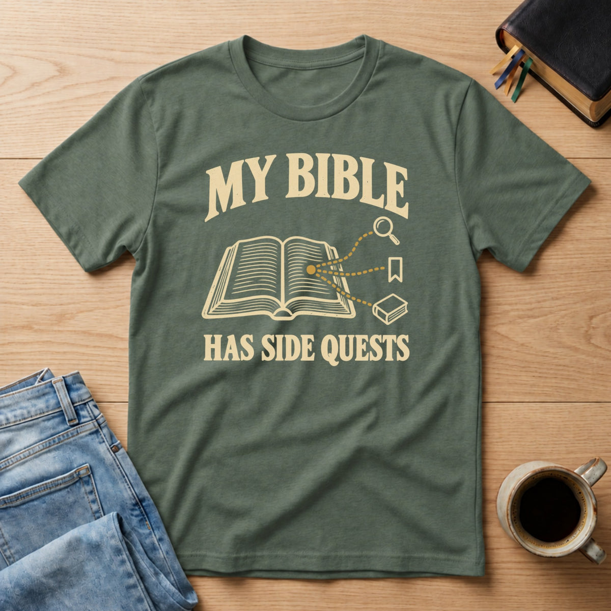My Bible Has Side Quests tee in Military Green