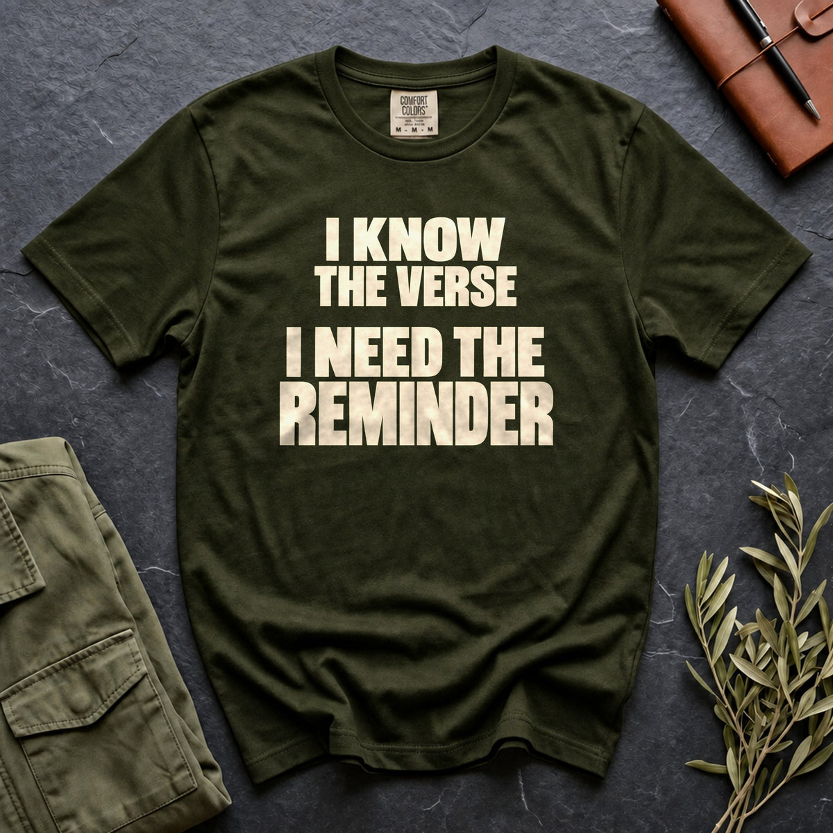 I Know the Verse, I Need the Reminder Comfort Colors 1717 tee in Moss