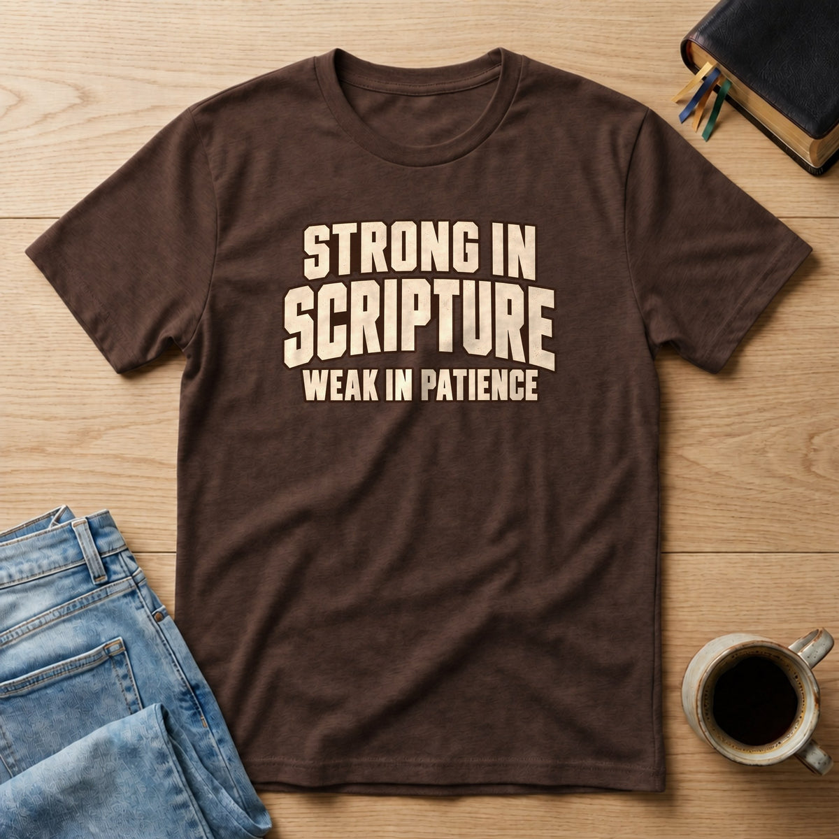 Strong in Scripture, Weak in Patience Comfort Colors 1717 tee in Espresso