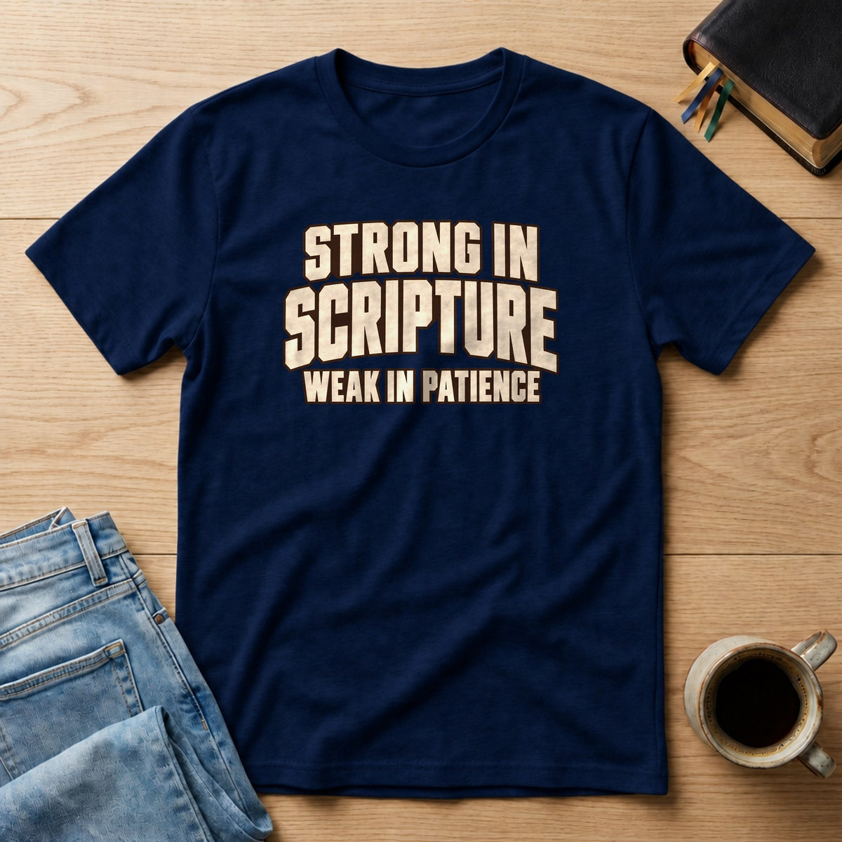 Strong in Scripture, Weak in Patience Comfort Colors 1717 tee in True Navy