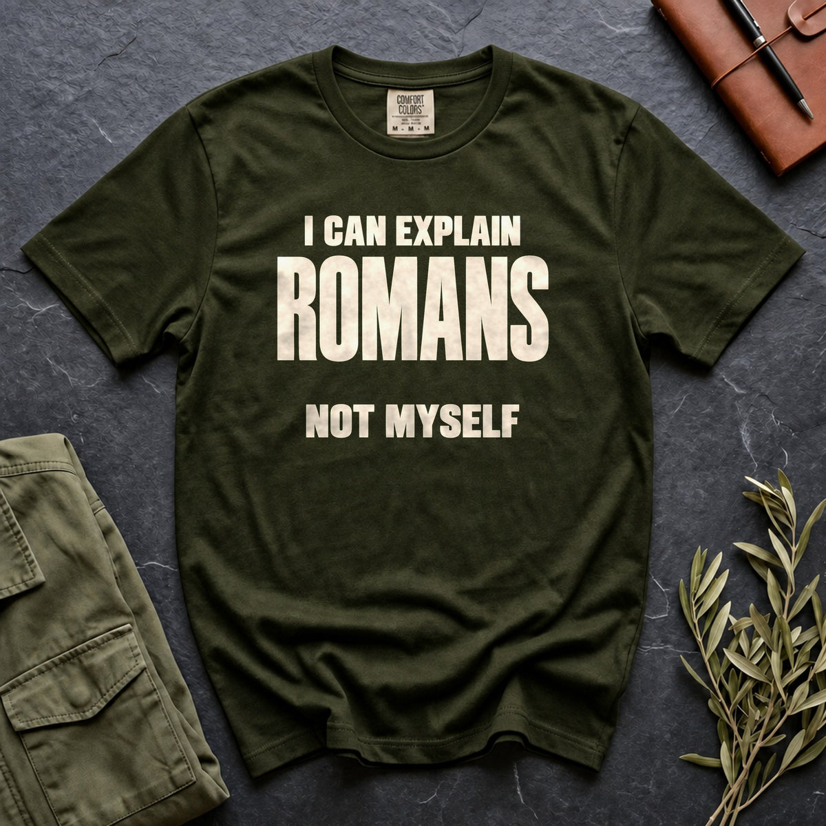 I Can Explain Romans, Not Myself Comfort Colors 1717 tee in Moss