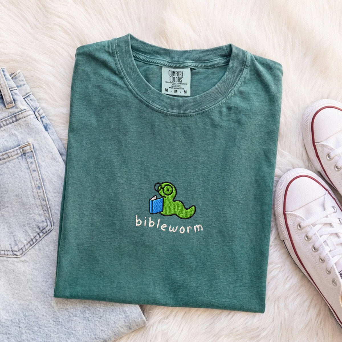 Bibleworm embroidered Comfort Colors tee in Blue Spruce