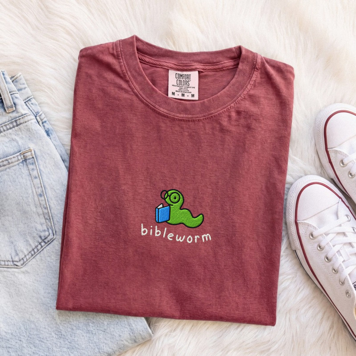 Bibleworm embroidered Comfort Colors tee in Brick