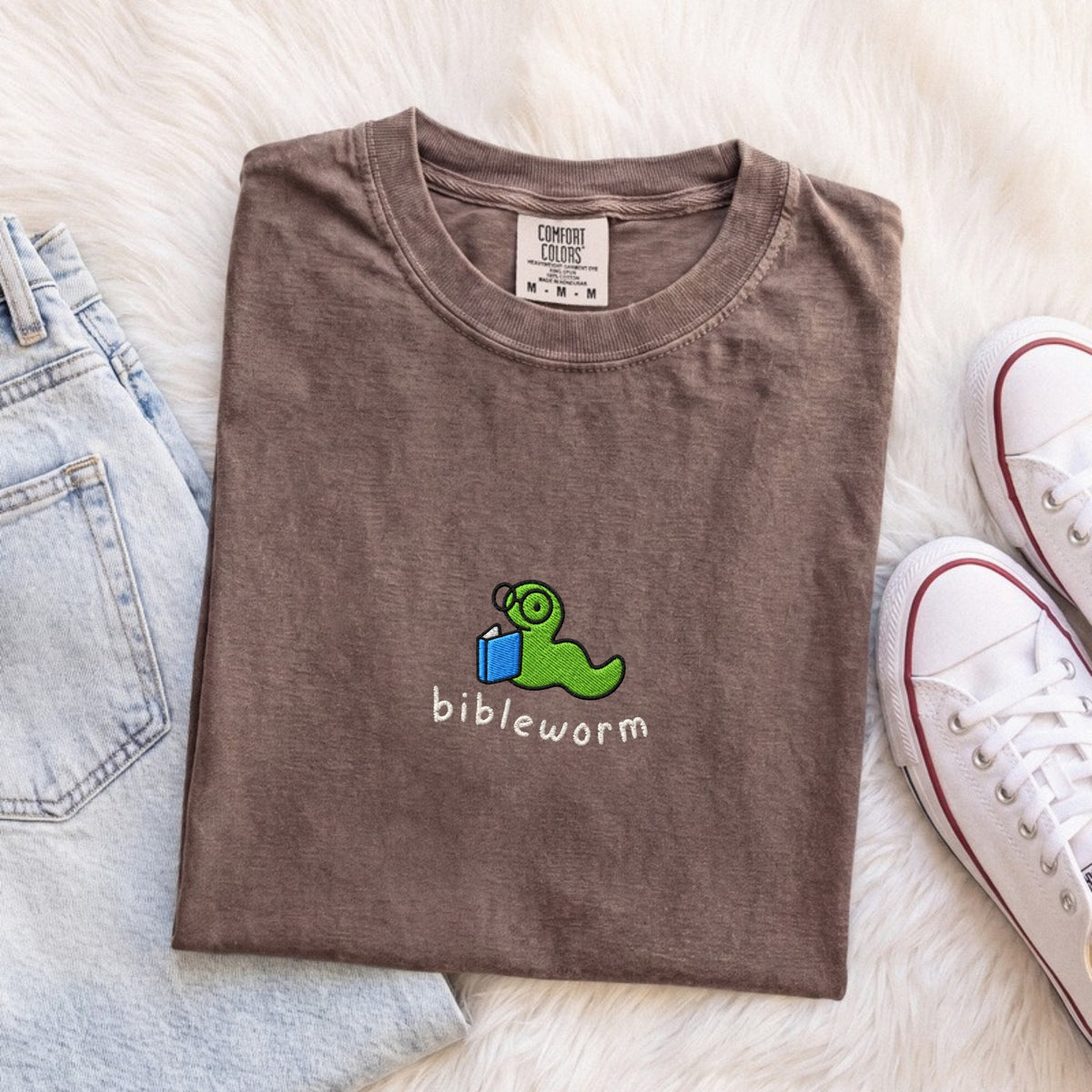 Bibleworm embroidered Comfort Colors tee in Espresso