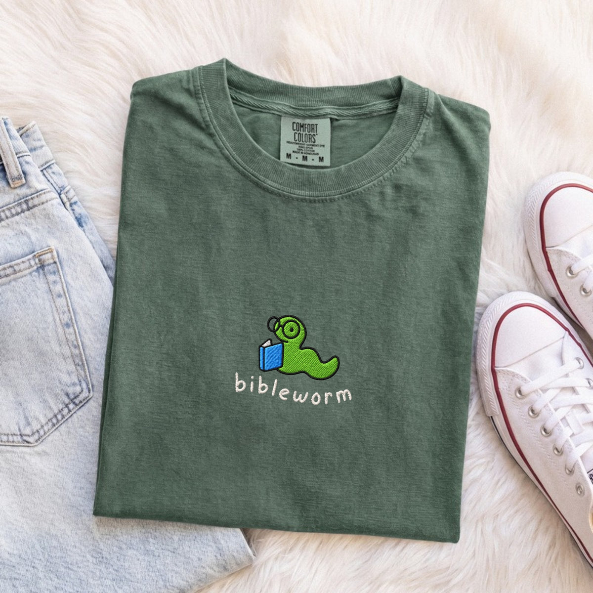 Bibleworm embroidered Comfort Colors tee in Moss