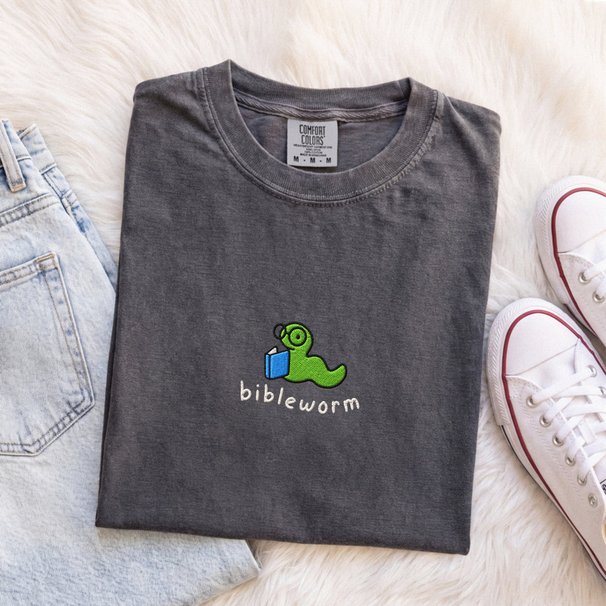 Bibleworm embroidered Comfort Colors tee in Pepper