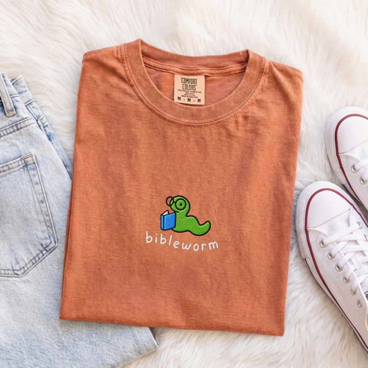 Bibleworm embroidered Comfort Colors tee in Yam