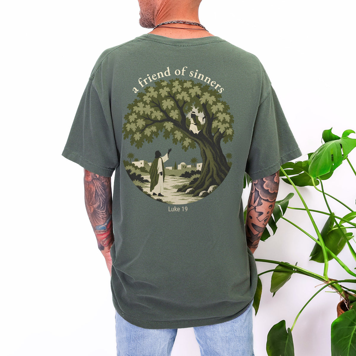 Back of Charis Grace tee in Moss: a friend of sinners, Luke 19