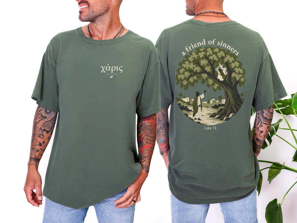 Man wearing Charis Grace tee in Moss, front and back